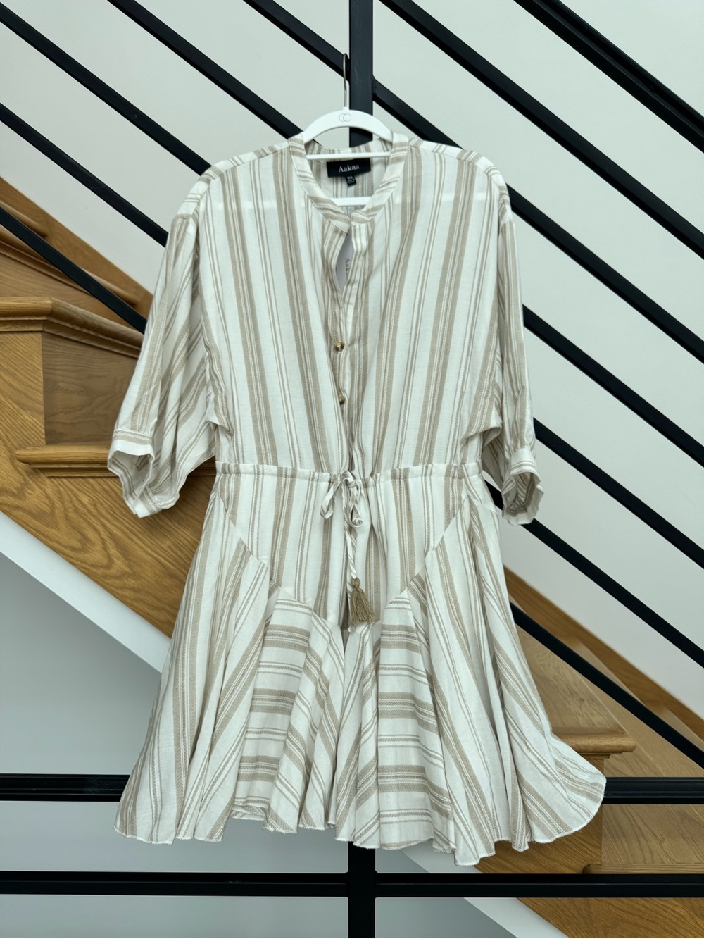 [Never Worn] Aakaa Cream & Tan Striped Tie-Waist Dress